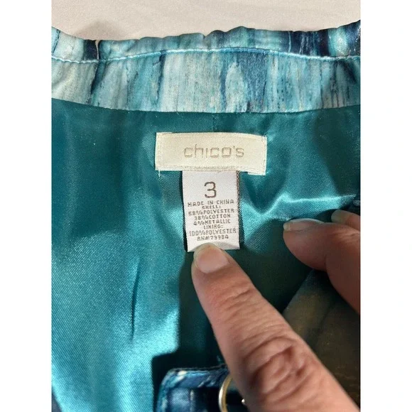 Chicos Women’s Metallic Blue White Splash Design Blazer Jacket Size XL - Picture 6 of 10